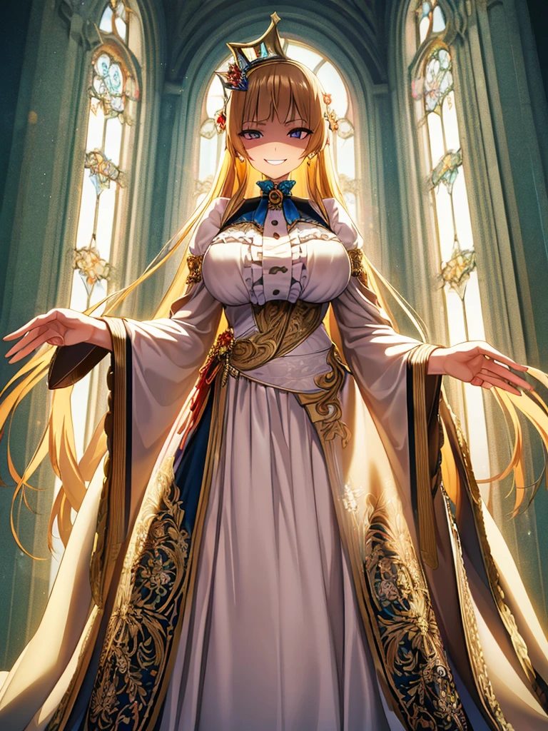((Anime art style)),(masterpiece),(Highest quality), (Very detailed),((Very delicate and beautiful)),((alone)),((whole body)),((1 princess in a gorgeous Victorian dress)),Lots of frills,Detailed face and eyes,Jewel-like eyes,((There is a volume and、Very long straight hair)),((Gorgeous embroidery and lace)),Gorgeous corsage,See through,gorgeous hair accessory,Gorgeous sparkling jewel tiara,Gorgeous frills,((Huge breasts,Long chest)),Skin dents,((whole body)),((Skirt of Hope,crinoline)),Standing pose,Dynamic Angle,Show Viewer,Royal Victoria Palace,(((A gorgeous Victorian dress with rich embroidery)),whole body,Big Breasts, Grin、With a creepy smile, A smile with downturned corners,View your audience, blush, Open your mouth,Please place your hand on your chest