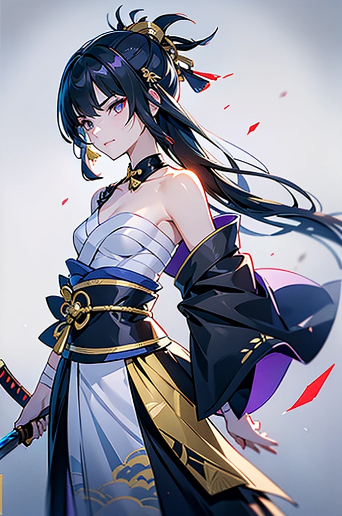 ((roll up bandage sideways on a  chest tightly to cover the chest without gaps)), the bantage is no chest shape, flat chest, Japanese Gangster BOSS, adult woman with the dignified presence, Killing Qi, wear nothing around shoulder, wear nothing around neck, wear the kimono, wear it below the waist, (I wind it up to control it, and to attach it),  ((kimono come off)) ,wear the kimono multiple times, Bare shoulders and the clavicle, black and gold kimono, put on over jacket of kimono, (holding a japanese sword which shine in purple, The handole of the sword is black, and the blade is gray, long sword), eye fire, low angle, whole body, bandage is seen, anime character, Glaring, off sholder, nappropriate smile, Excellent, black blue hair, can see both shoulder, long hem, small face