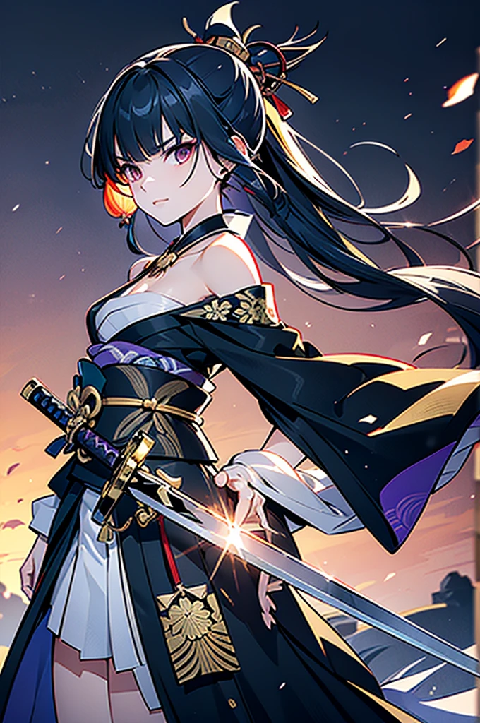 ((roll up bandage sideways on a chest tightly to cover the chest without gaps)), the bantage is no chest shape, flat chest, Japanese Gangster BOSS, adult woman with the dignified presence, Killing Qi, wear nothing around shoulder, wear nothing around neck, wear the kimono, wear it below the waist, (I wind it up to control it, and to attach it), ((kimono come off)) ,wear the kimono multiple times, Bare shoulders and the clavicle, black and gold kimono, put on over jacket of kimono, (holding a japanese sword which shine in purple, The handole of the sword is black, and the blade is gray, long sword), eye fire, low angle, whole body, bandage is seen, anime character, Glaring, off sholder, nappropriate smile, Excellent, black blue hair, can see both shoulder, long hem, small face