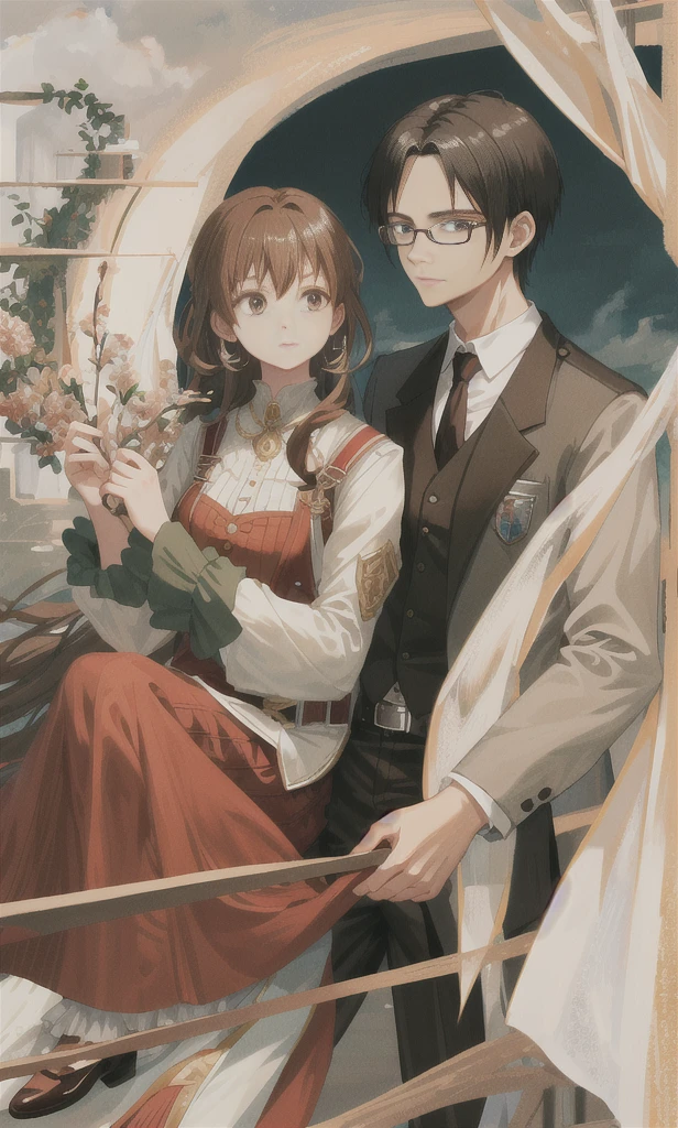 Women, king, glasses, he would be, 17 years, characteristics of Attack on Titan, ultra 4k quality, wavy brown hair, she wears clothes that look like an engineer but at the same time beautiful and elegant.