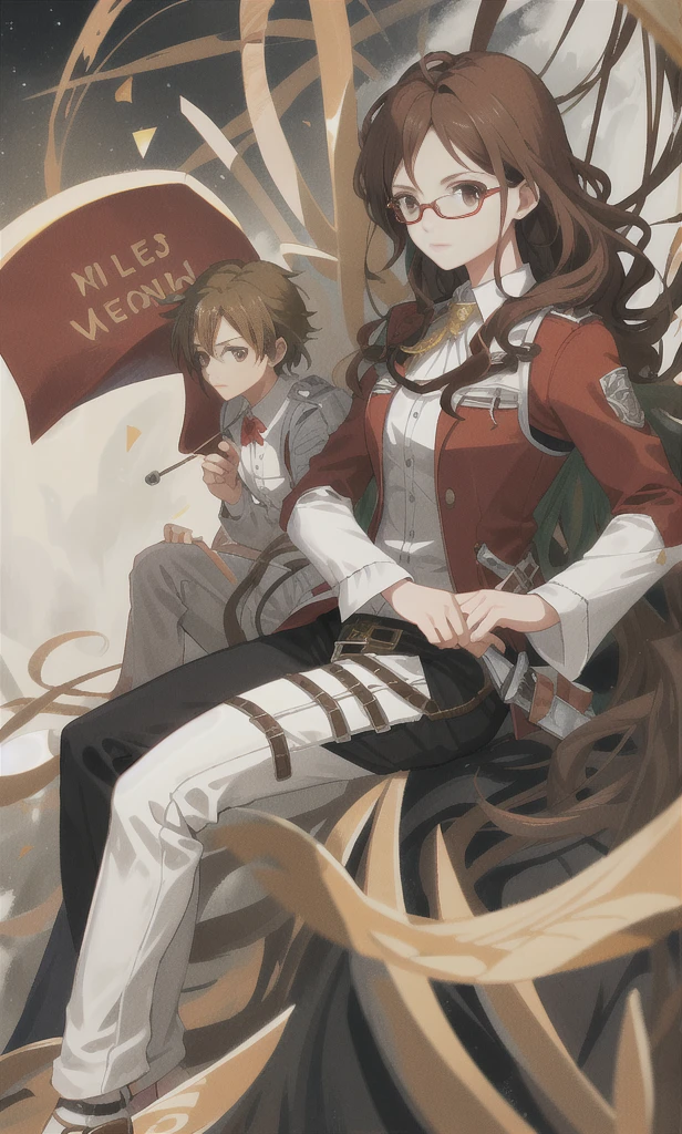 Women, king, glasses, he would be, 17 years, characteristics of Attack on Titan, ultra 4k quality, wavy brown hair, she wears clothes that look like an engineer but at the same time beautiful and elegant.