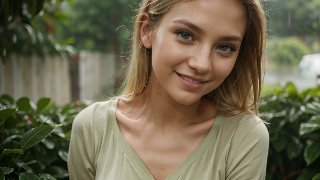Retrato chica joven rubia melena corta, ojos superdetallados realistas y vivos color verde, sombras, cute, escote, blusa blanca, sonriente, divertida