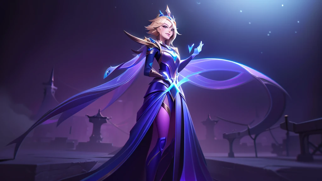 create the champion "Lux" from the game "League of Legends", but create a "skin" for her in the theme of the "congregation of witches" skin line, maintain characteristics of the game's champion, and include modifications to make sense with the "congregation of witches" skin line, with a dark setting, keep the champion's smile and blonde hair, use colors related to the skin line