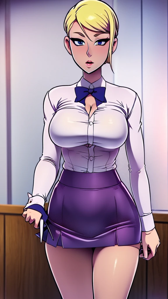 A sexy sensual woman beautiful beautiful attraction big breast long blonde yellow hair her gray eye wears a white button-down office shirt and a short purple skirt