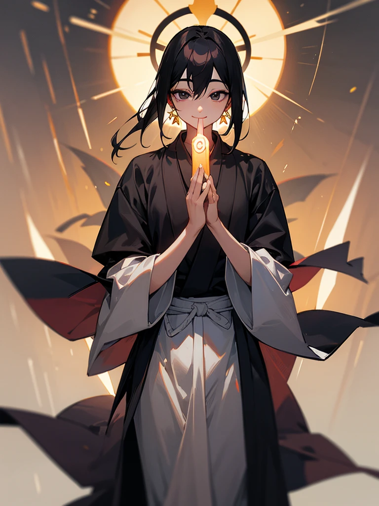 Amitabha Buddha smiling black eyes zazen halo black hair hands together androgynous light-eyed