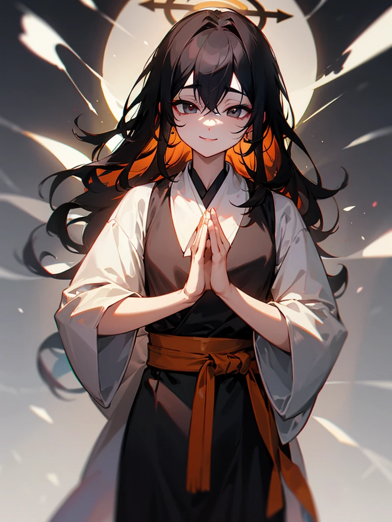 Amitabha Buddha smiling black eyes zazen halo black hair hands together androgynous light-eyed