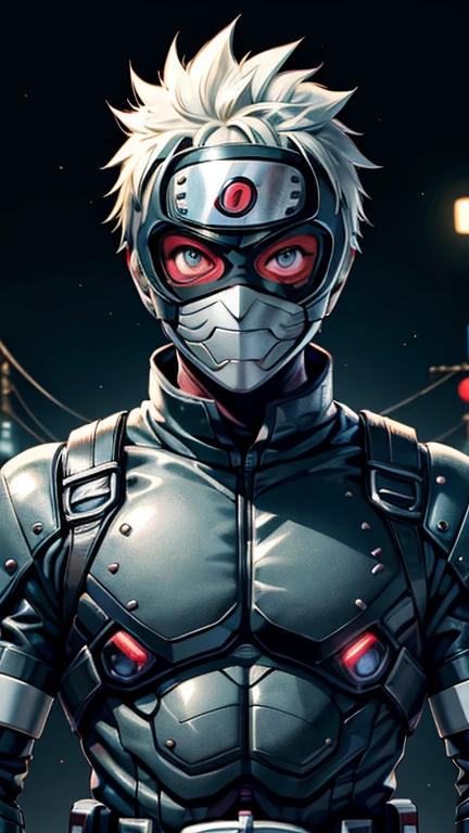 (8k),(masterpiece),(Japanese),(8-year-old boy),((innocent look)),((Childish)),From the front,smile,cute,Innocent,Kind eyes,Flat chest, Hatake Kakashi,Kamen Rider,black helmet,black superhero mask,camisa,no Hair,night,dark, Neon light cyberpunk Konoha village