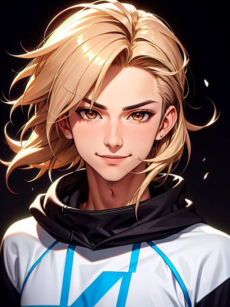 ((Portrait Photo)), He has a Youthful and Vibrant Appearance, with a Slim, Athletic Build and Lightly Tanned Skin. He Expresses a Confident and Self-Assured Look, Giving Off a Cheerful Attitude and a Charismatic Glint. He has Light Brown Eyes, and His Hair is Short, Brown, and Tousled, with Spiky Strands Falling Over His Forehead. He Wears a Light Hooded Sweatshirt. ((Portrait Photo, HDR, Dark Background))