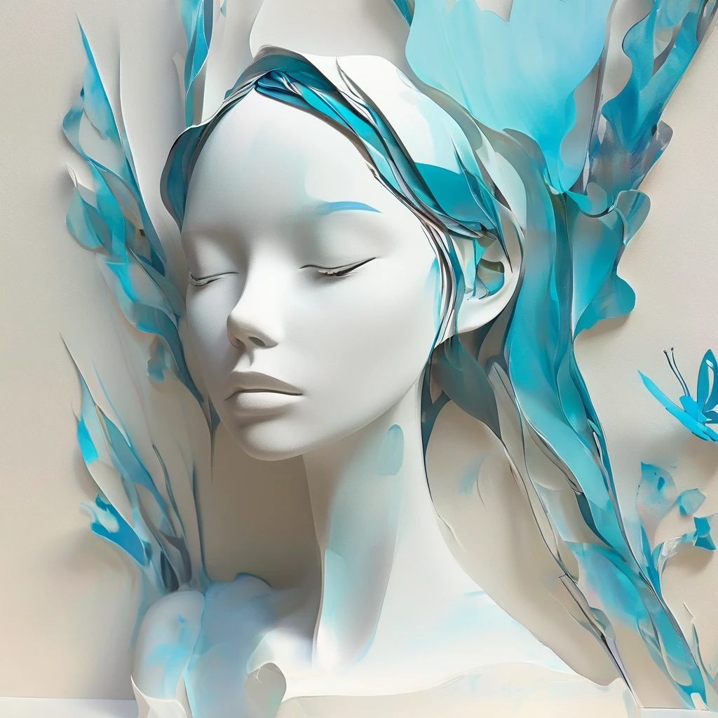 Monochrome Tiffany Blue, PAPERCUT, Highest quality, Super quality, 16K, Incredibly absurd, Very detailed, delicate and dynamic, A fusion of watercolor and oil painting, Mixing monochrome and color, Portrait of a pretty girl, Three-dimensional effect expressed by light and shadow, Eye-catching effect, modern art, A kaleidoscope of colors in the background