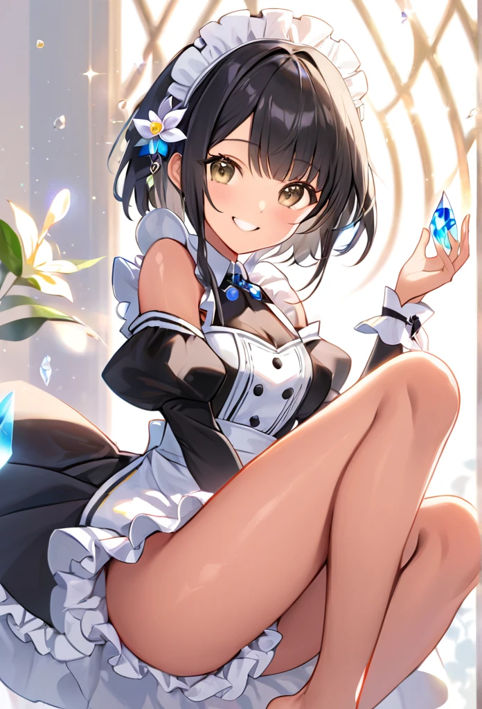 A beautiful young woman with shoulder-length black hair, clear and light brown eyes, smooth skin, and a lovely smile, wearing a maid costume with a crystal flower accessory, stunning body proportions and beautiful legs
