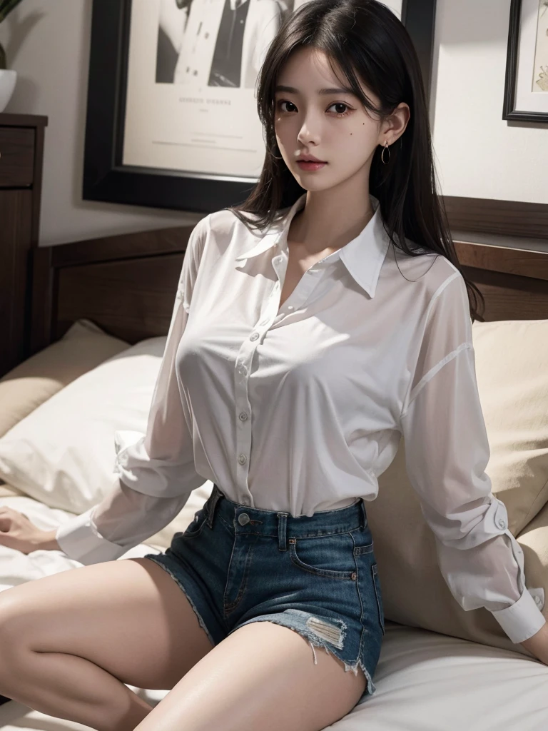 absurdres, RAW photo, extremely delicate and beautiful, masterpiece, Best Quality, ultra high resolution, 32k, hyperrealistic, ultra-detailed, perfect figure, in her 20s, very small head, very small face, delicate facial features, tearful mole, earring, huge breasts, huge breasts, full body shot, medium hair, black hair, collared shirt, shorts, bare legs,