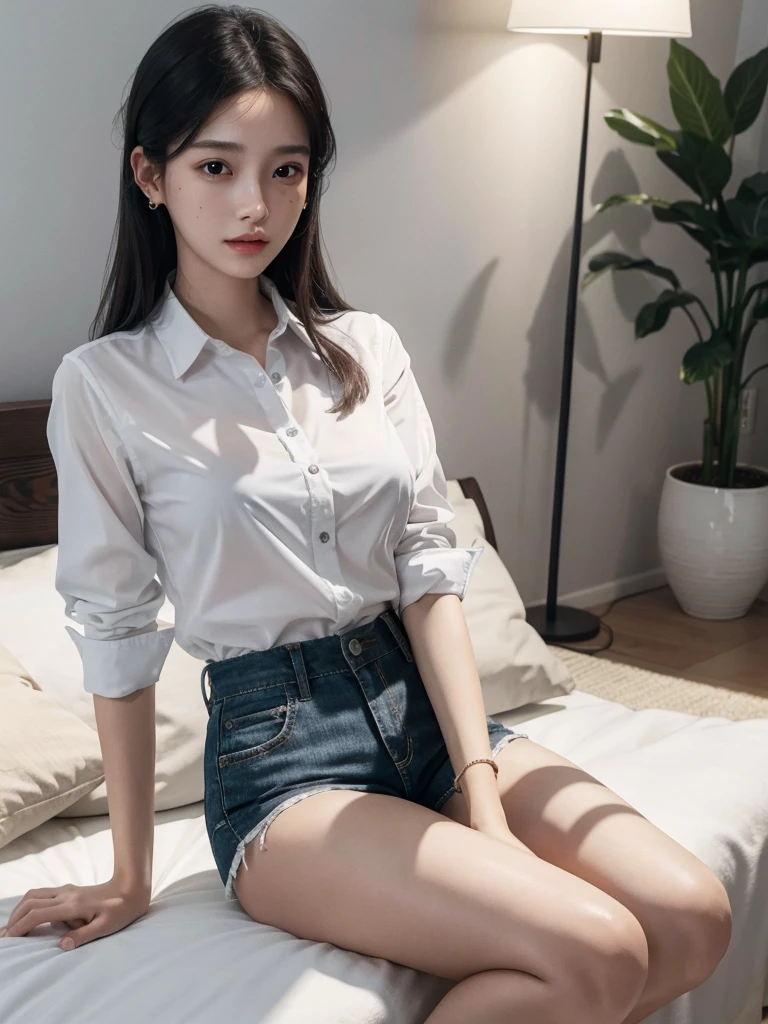 absurdres, RAW photo, extremely delicate and beautiful, masterpiece, Best Quality, ultra high resolution, 32k, hyperrealistic, ultra-detailed, perfect figure, in her 20s, very small head, very small face, delicate facial features, tearful mole, earring, huge breasts, huge breasts, full body shot, medium hair, black hair, collared shirt, shorts, bare legs,