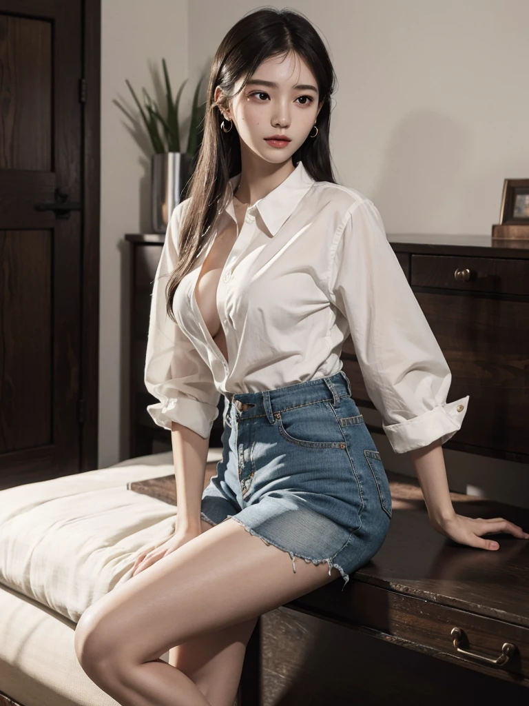 absurdres, RAW photo, extremely delicate and beautiful, masterpiece, Best Quality, ultra high resolution, 32k, hyperrealistic, ultra-detailed, perfect figure, in her 20s, very small head, very small face, delicate facial features, tearful mole, earring, huge , huge breastsbody shot, medium hair, black hair, collared shirt, shorts, bare legs,