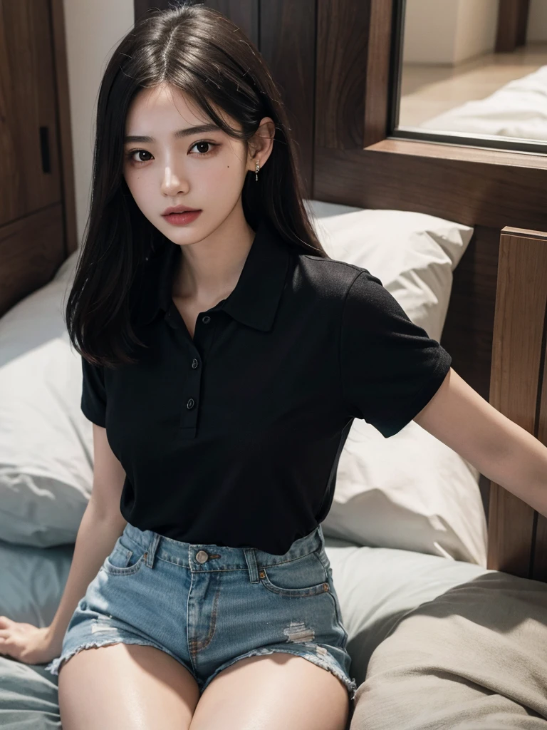 absurdres, RAW photo, extremely delicate and beautiful, masterpiece, Best Quality, ultra high resolution, 32k, hyperrealistic, ultra-detailed, perfect figure, in her 20s, very small head, very small face, delicate facial features, tearful mole, earring, huge breasts, huge breasts, full body shot, medium hair, black hair, collared shirt, shorts, bare legs,