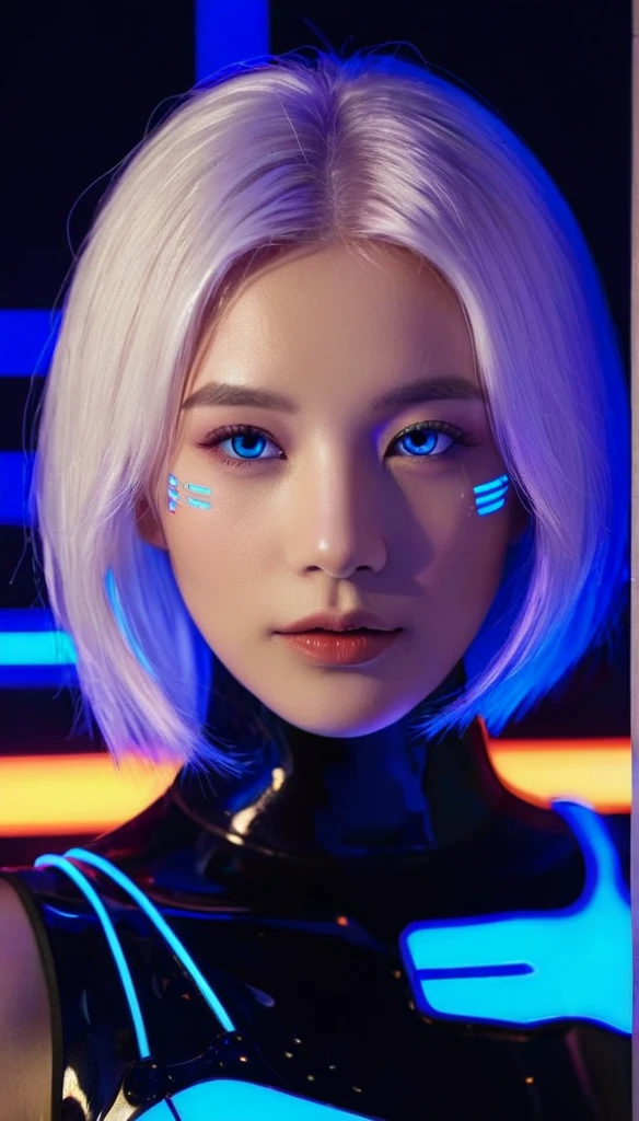 Woman with half cybernetic face with blue neon lights, white hair