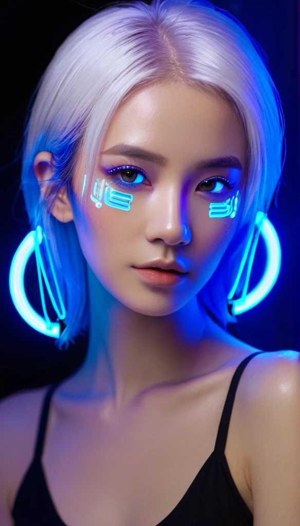 Woman with half cybernetic face with blue neon lights, white  hair 