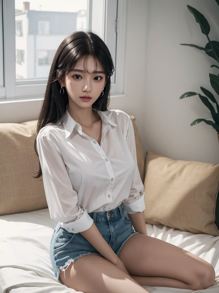 absurdres, RAW photo, extremely delicate and beautiful, masterpiece, Best Quality, ultra high resolution, 32k, hyperrealistic, ultra-detailed, perfect figure, in her 20s, very small head, very small face, delicate facial features, tearful mole, earring, huge breasts, huge breasts, full body shot, medium hair, black hair, collared shirt, shorts, bare legs,