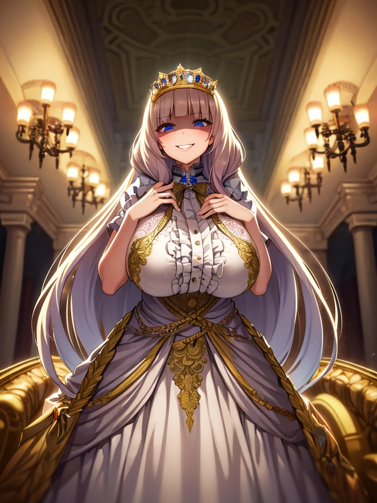 ((Anime art style)),(masterpiece),(Highest quality), (Very detailed),((Very delicate and beautiful)),((alone)),((whole body)),((1 princess in a gorgeous Victorian dress)),Lots of frills,Detailed face and eyes,Jewel-like eyes,((There is a volume and、Very long straight hair)),((Gorgeous embroidery and lace)),Gorgeous corsage,See through,gorgeous hair accessory,Gorgeous sparkling jewel tiara,Gorgeous frills,((Huge breasts,Long chest)),Skin dents,((whole body)),((Skirt of Hope,crinoline)),Standing pose,Dynamic Angle,Show Viewer,Royal Victoria Palace,(((A gorgeous Victorian dress with rich embroidery)),whole body,Big Breasts, Grin、With a creepy smile, A smile with downturned corners,View your audience, blush, Open your mouth,Please place your hand on your chest