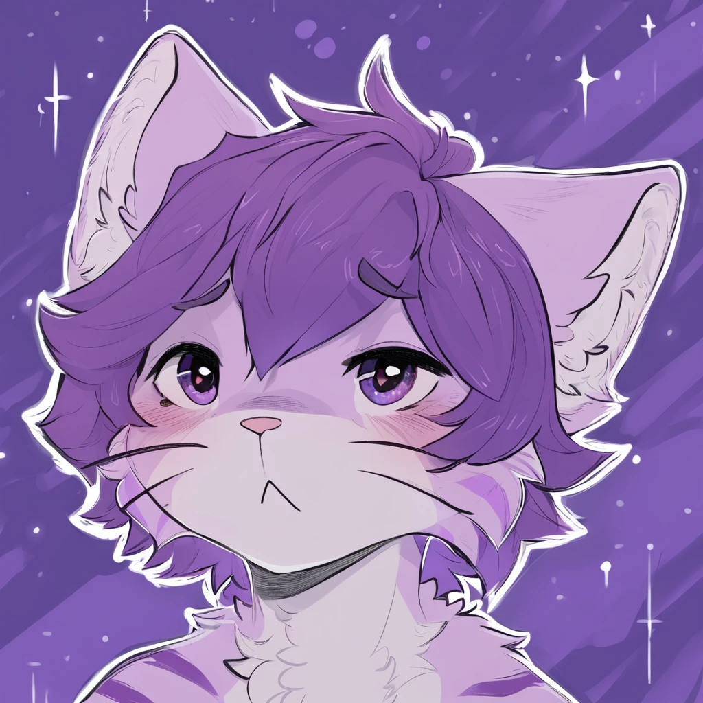 adult, feline, mammal, anthro, anthropomorphic, cat, striped, fur, striped_feline, fur, male, light_purple, purple_hair, fluffy, white, white_chest, shy, small_pupils, digital_art, high_resolution, high_res, hand-drawn, pencil_lines, head_visible, background, neck_visible, seductive_face, detailed_line_work, profile_picture, head_visible, purple_galaxy_background, cute