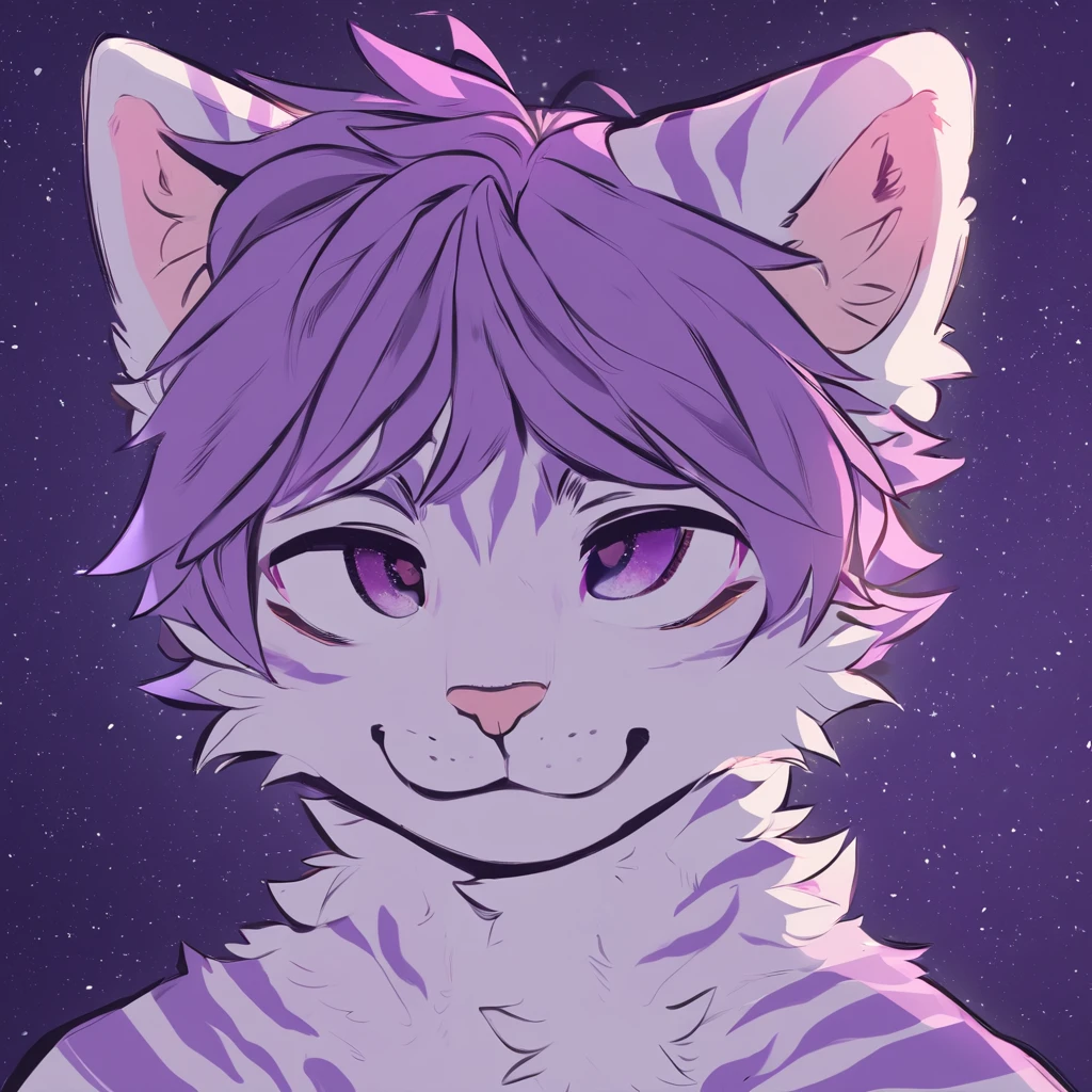 adult, feline, mammal, anthro, anthropomorphic, cat, striped, fur, striped_feline, fur, male, light_purple, purple_hair, fluffy, white, white_chest, shy, small_pupils, digital_art, high_resolution, high_res, hand-drawn, pencil_lines, head_visible, background, neck_visible, seductive_face, detailed_line_work, profile_picture, head_visible, purple_galaxy_background, cute