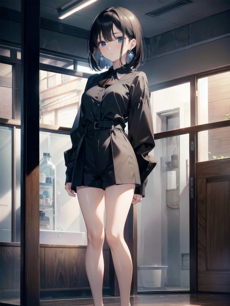 absurdres, RAW photo, extremely delicate and beautiful, masterpiece, Best Quality, ultra high resolution, 32k, hyperrealistic, ultra-detailed, perfect figure, in her 20s, very small head, very small face, delicate facial features, tearful mole, earring, huge breasts, full body shot, medium hair, black hair, collared shirt, shorts, bare legs,