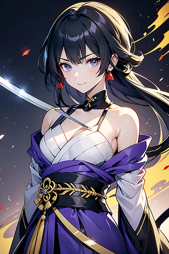 ((roll up bandage sideways on a  chest tightly to cover the chest without gaps)), the bantage is no chest shape, flat chest, Japanese Gangster BOSS, adult woman with the dignified presence, Killing Qi, wear nothing around shoulder, wear nothing around neck, wear the kimono, wear it below the waist, (I wind it up to control it, and to attach it),  ((kimono come off)) ,wear the kimono multiple times, Bare shoulders and the clavicle, black and gold kimono, put on over jacket of kimono, (holding a japanese sword which shine in purple, The handole of the sword is black, and the blade is gray, long sword), eye fire, low angle, whole body, bandage is seen, anime character, Glaring, off sholder, nappropriate smile, Excellent, black blue hair, can see both shoulder, long hem, small face