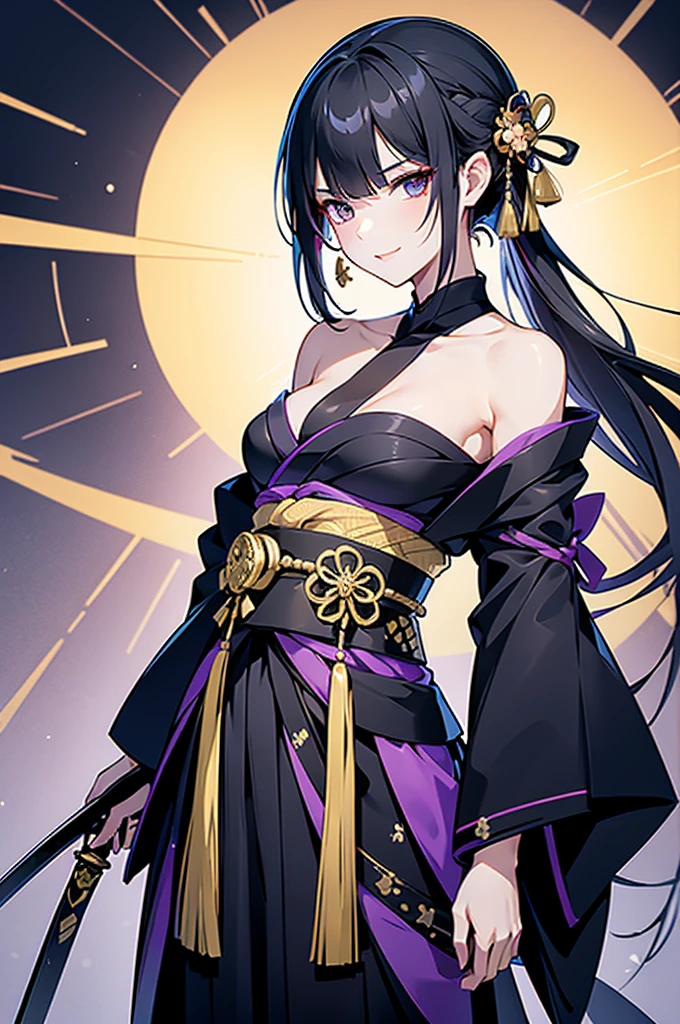 ((roll up bandage sideways on a chest tightly to cover the chest without gaps)), the bantage is no chest shape, flat chest, Japanese Gangster BOSS, adult woman with the dignified presence, Killing Qi, wear nothing around shoulder, wear nothing around neck, wear the kimono, wear it below the waist, (I wind it up to control it, and to attach it), ((kimono come off)) ,wear the kimono multiple times, Bare shoulders and the clavicle, black and gold kimono, put on over jacket of kimono, (holding a japanese sword which shine in purple, The handole of the sword is black, and the blade is gray, long sword), eye fire, low angle, whole body, bandage is seen, anime character, Glaring, off sholder, nappropriate smile, Excellent, black blue hair, can see both shoulder, long hem, small face