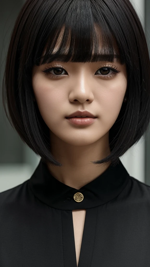 ,,,,,a close-up of a woman with , ela tem cabelo preto with bangs, Hime black haircut, ulzzang, korean, with short hair with bangs, with short hair, dilraba dilmurat, garota gótica korean cruel, hairstyle hair styled like bangs, with bangs, korean symmetrical,,,,,,,,,,,,,the black oil, dramatic light, highy detailed, cinematic, uncanny, surreal, abstrato,