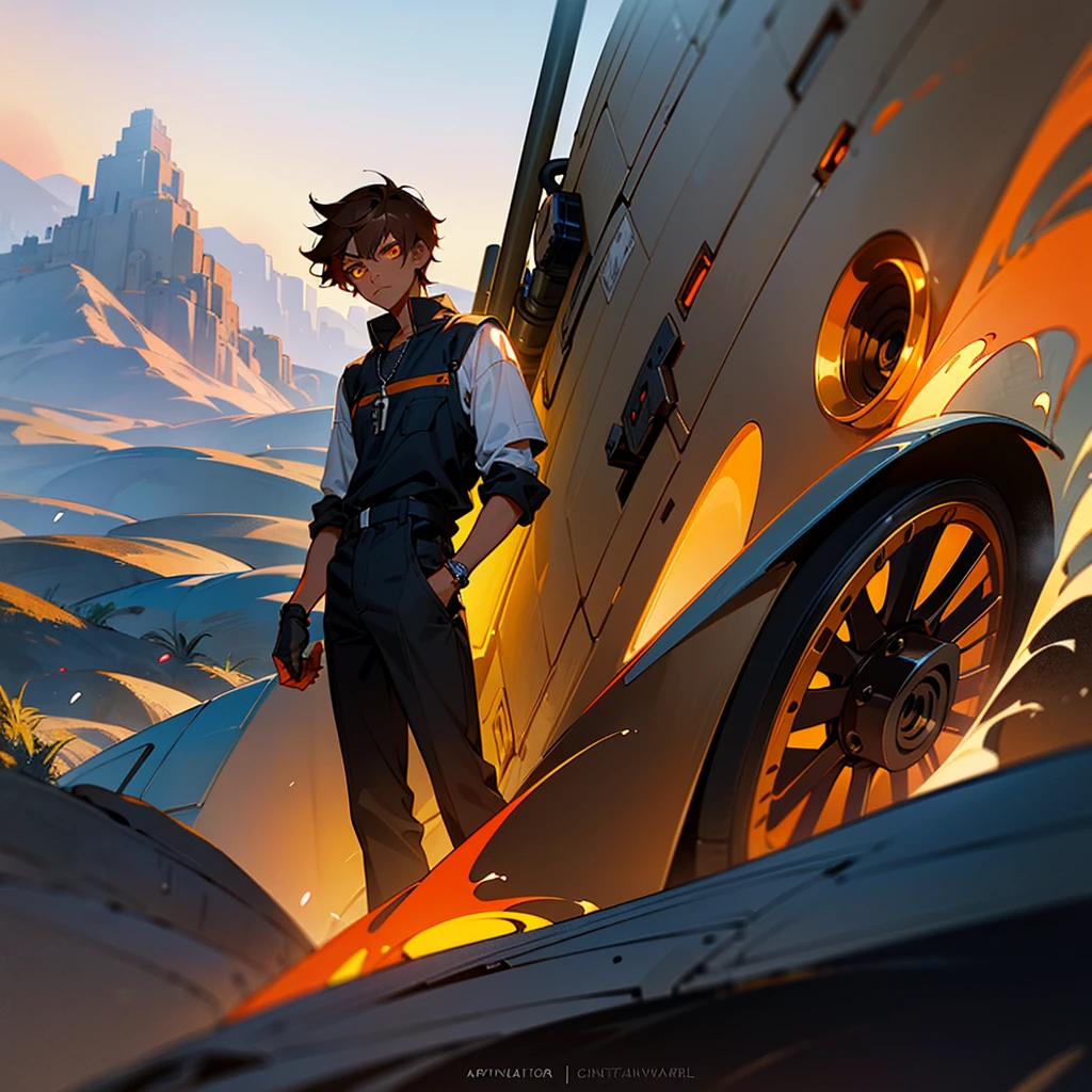 creates a 17 year old young man,  dark skin color, orange eye color, dark hair color, mechanic clothing, landscape war, that reads a mechanical key in his hand