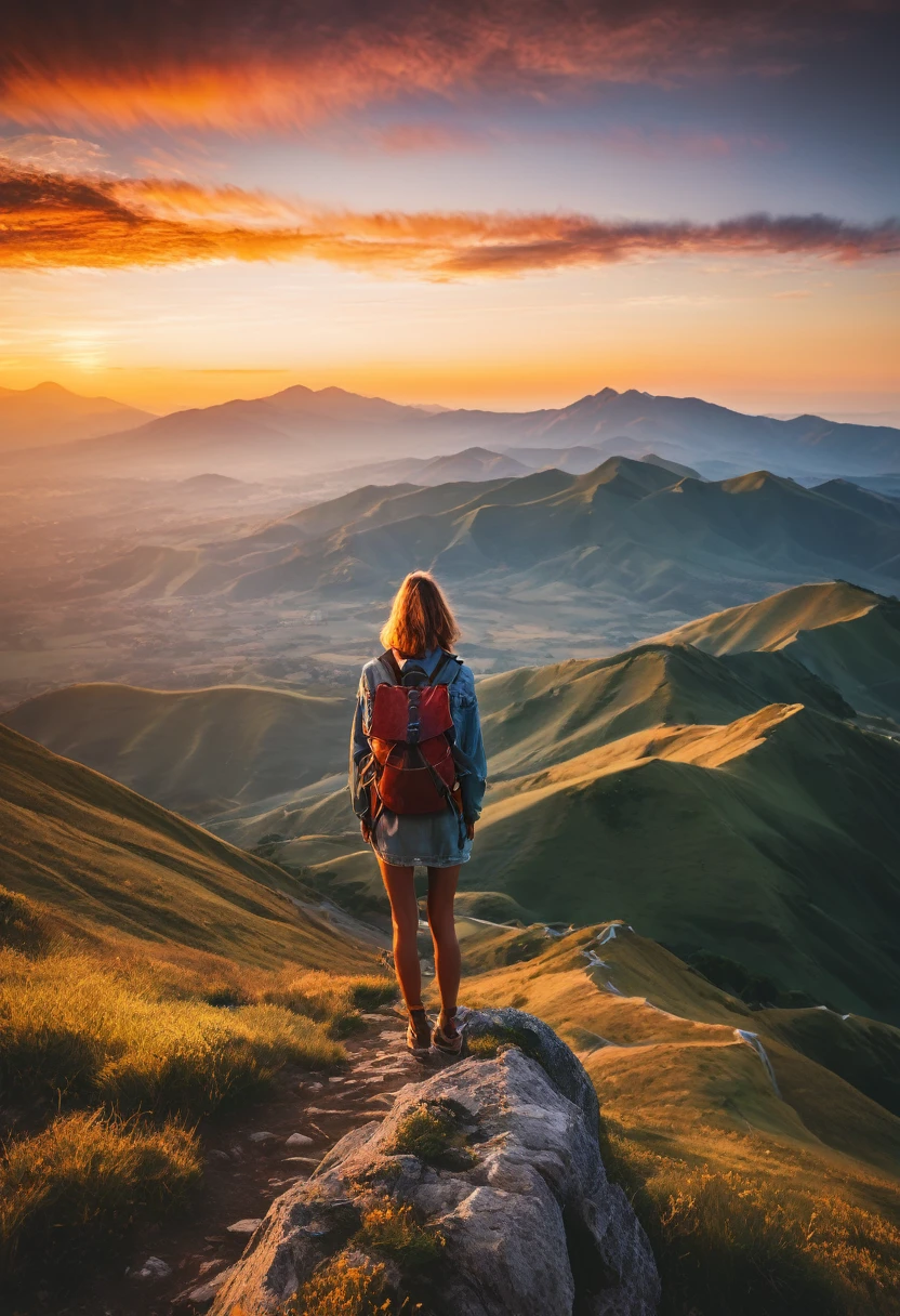 there is a woman standing on a hill with a backpack, an image by Alexander Runciman, Pexels contest winner, happening, during the dawn, during the dawn, a wanderer on a mountain, mirando el sunset, standing on the mountain, at dawn, during a sunset, standing in front of a mountain, looking at a sunset, sunset