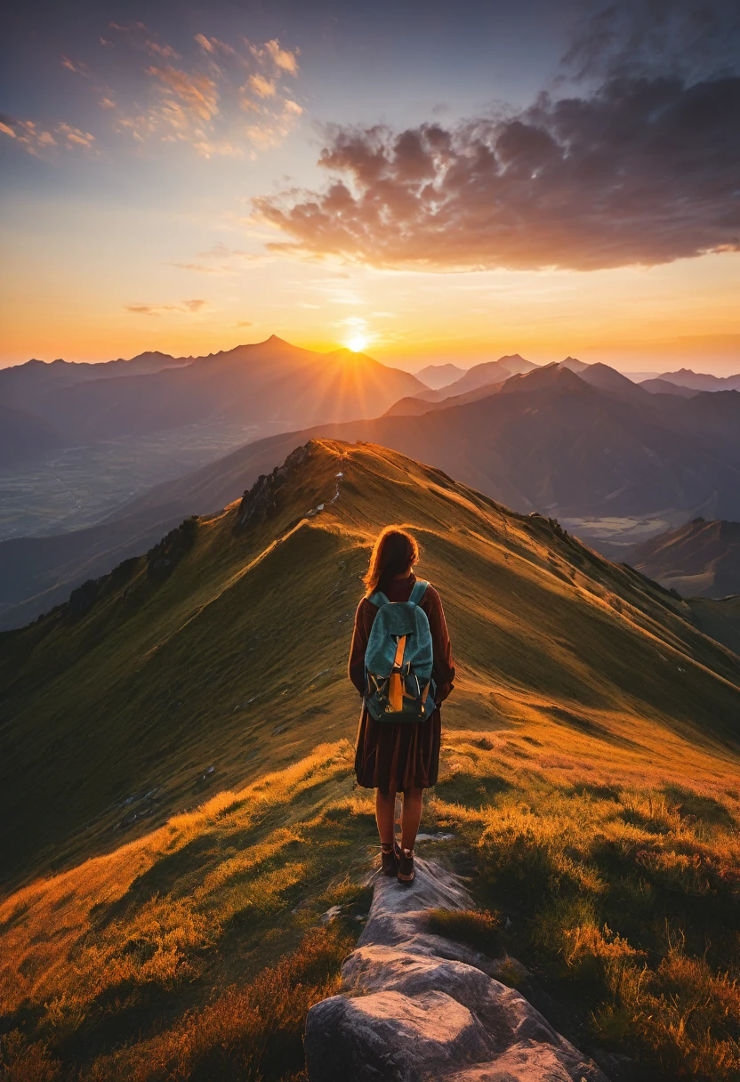 there is a woman standing on a hill with a backpack, an image by Alexander Runciman, Pexels contest winner, happening, during the dawn, during the dawn, a wanderer on a mountain, mirando el sunset, standing on the mountain, at dawn, during a sunset, standing in front of a mountain, looking at a sunset, sunset