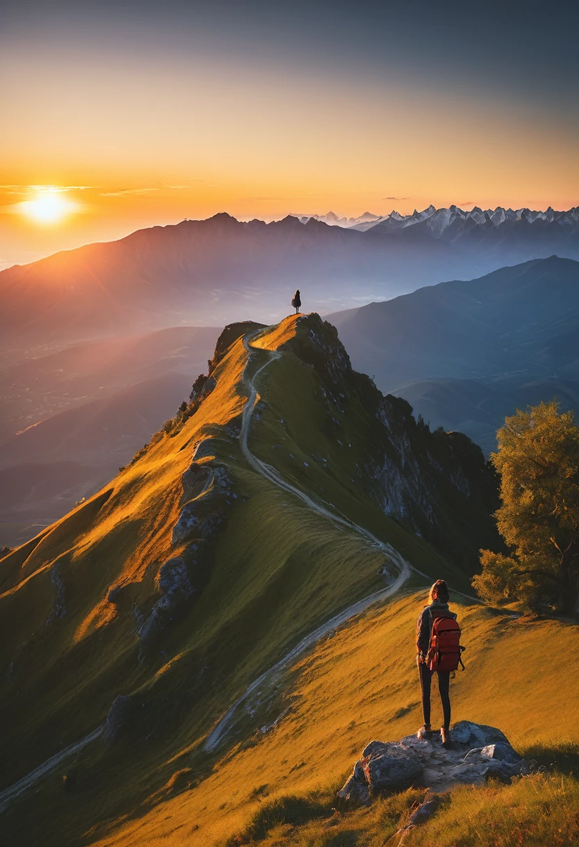 there is a woman standing on a hill with a backpack, an image by Alexander Runciman, Pexels contest winner, happening, during the dawn, during the dawn, a wanderer on a mountain, mirando el sunset, standing on the mountain, at dawn, during a sunset, standing in front of a mountain, looking at a sunset, sunset
