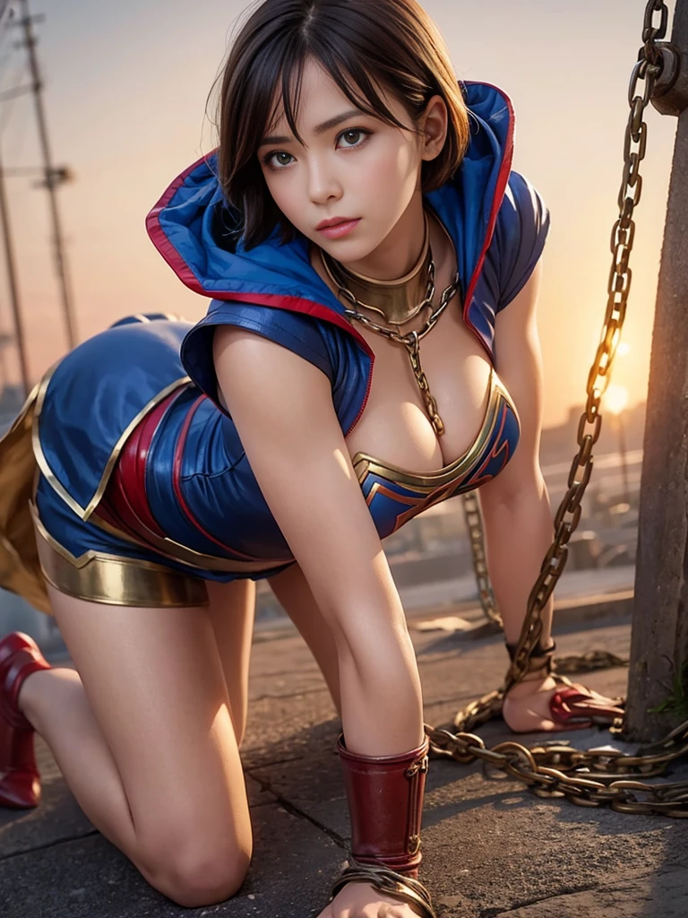 Short-haired Supergirl kneels, tangled in rusty chains、Big ample breasts、Looking into the camera、Shiny Costumes、Shabby costume、Injury、Dungeons、slave、Humiliated