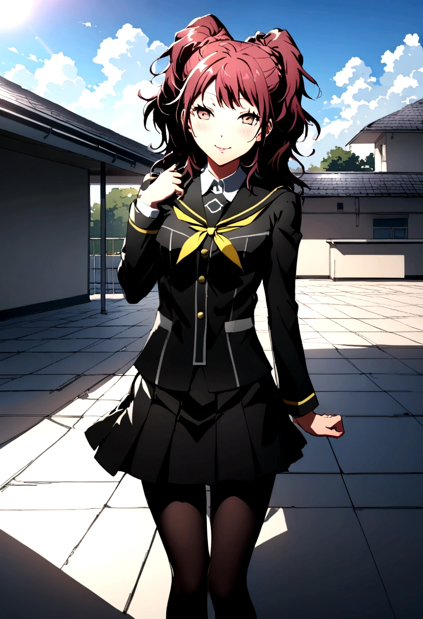 Rise Kujikawa, Yasogami uniform, school, sensual smile, school roof, wearing black leggings, 