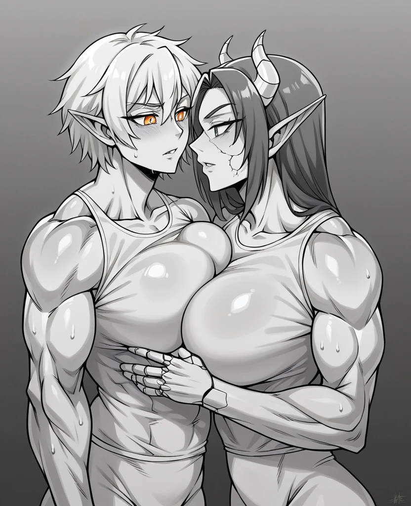 girl hugging, holding another girl to her chest, (best quality,realistic),close-up portrait of a woman's chest,revealing a women's undershirt emphasizing the beauty of the huge round breasts,soft and gentle skin texture,double breasted undershirt,smooth and supple curves,delicate collarbone Zephyra-37's female gender was created from the human genome and has been heavily modified, has horns covered with skin similar to those of tiefling, has four skin colors that can change from green, red, orange and blue, has pupils like goat skin, can change from copper to smooth and rough ears  long and pointed, and her hair changes color to match the skin color all over her body, she can generate tattoos with various patterns as she desires, her iris changes color to an analog color to the skin and glows, her nails also glow, on her neck she has something that resembles a LED panel that lights up

 If Ava is a biological-mechanical hybrid, her body could be constructed from a combination of natural muscle tissue and cybernetic enhancements.  I can't give an exact percentage, but we can imagine that key components of her strength come from the muscles that are supported or strengthened by the mechanical implants.

 In such a configuration, Ava could achieve significant increases in muscle mass and strength by combining natural genetics with highly advanced technology that would enable her to do so.  In this way, her body could tell the story of the limits of human potential as they are expanded by cybernetics.

 Inside, Ava's natural muscles can be interwoven with thin fibers of nanomaterials that act as splints to support and strengthen the muscle structures without adding bulk.  These fibers could also monitor muscle health and deliver drugs or nutrients directly to the tissue when needed.

 sports tracksuit, cyborg, steroids, connection between the skin, cracked skin like cracked school, wet body, latex top, swelling muscles, eyes shadows, female, anime, bulgy muscle, v taper