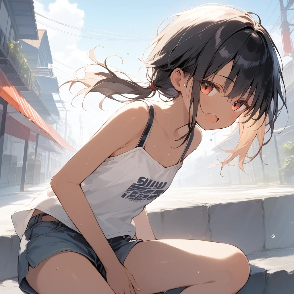 score_9, score_8_up, score_7_up, source_anime, best quality, masterpiece, official art, absurdres, highres, ultra-detailed,waifu2x,Collection: Slice of Life,break,1girl, tomboy, dark-skinned female, short hair, low ponytail, flat chest, beautiful detailed eyes, short shorts, sweat, open mouth, (yawn:0.3), sleepily, outdoors, wind,break,(clear line illustration:1.2), super detailed skin,very high resolution, very aesthetic, Best sexual lighting powered by famous artist, 8k,cute picture,beauty illustration,photoshop_(medium),,(Detailed Lighting),best anime 8k konachan wallpaper, pixiv contest winner,