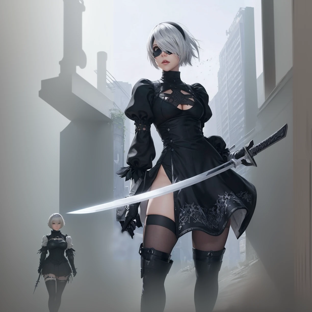 Anime girl with sword and black outfit posing for a photo、2B Nier オートマトン、Nier:Automaton Inspired、Nier オートマタ インスパイア、Nier オートマタの 2 B、Nier オートマタの 2b、2 b、Nier インスパイアー、Nier 2 b、Bad anime 8k、Nier、Female Assassin、8k high quality detailed art