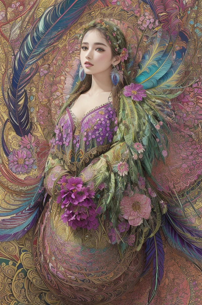 (masterpiece, top quality, best quality, official art, beautiful and aesthetic:1.2), (1girl:1.3), extremely detailed,(fractal art:1.1),(colorful:1.1)(flowers:1.3),highest detailed,(zentangle:1.2), full body, (abstract background:1.3), (shiny skin), (many colors:1.4), ,(earrings), (feathers:1.5),