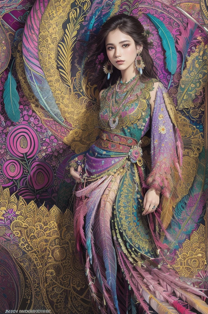 (masterpiece, top quality, best quality, official art, beautiful and aesthetic:1.2), (1girl:1.3), extremely detailed,(fractal art:1.1),(colorful:1.1)(flowers:1.3),highest detailed,(zentangle:1.2), full body, (abstract background:1.3), (shiny skin), (many colors:1.4), ,(earrings), (feathers:1.5),