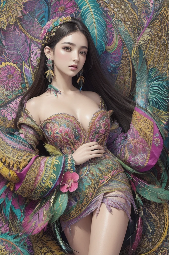 (masterpiece, top quality, best quality, official art, beautiful and aesthetic:1.2), (1girl:1.3), extremely detailed,(fractal art:1.1),(colorful:1.1)(flowers:1.3),highest detailed,(zentangle:1.2), full body, (abstract background:1.3), (shiny skin), (many colors:1.4), ,(earrings), (feathers:1.5),