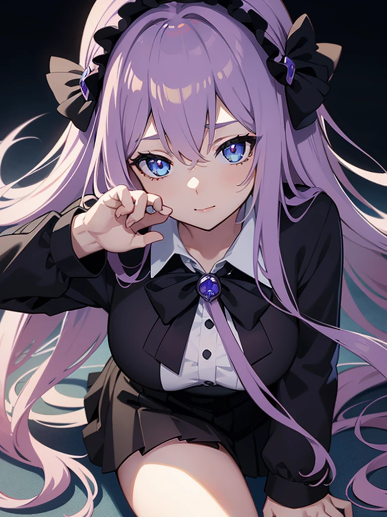 Close-up of face,Diagonal angle., complex details beautiful and delicate eyes, anime girl with long light purple hair and blue eyes posing for a picture, shadowverse style, smooth anime cg art, detailed digital anime art, sui ishida art manga, shadowverse, official artwork, detailed anime artwork, artbook artwork, detailed anime character art, black uniform, ((black school uniform))