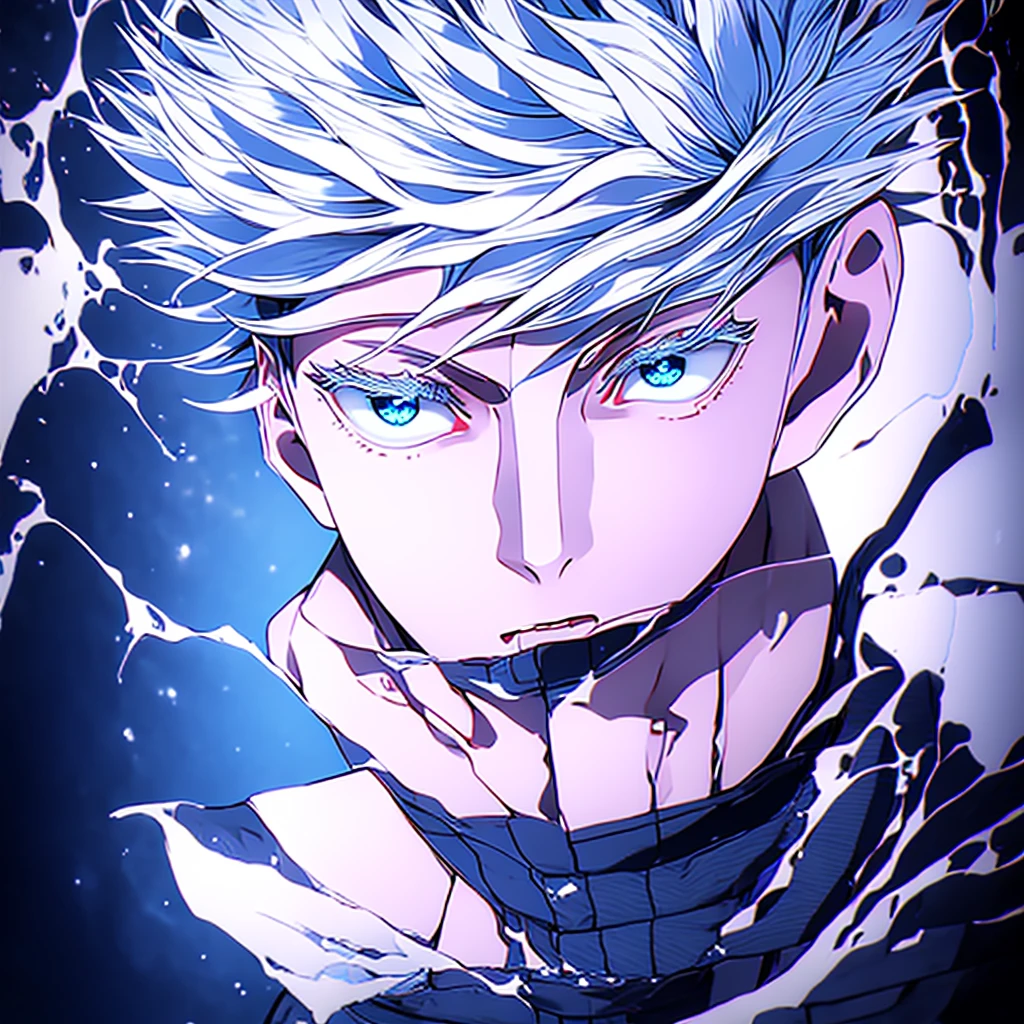 Gojou Satoru, 1boy, fullbody, white hair, blue eyes, looking at the viewer, high collar, black pants, facing viewer