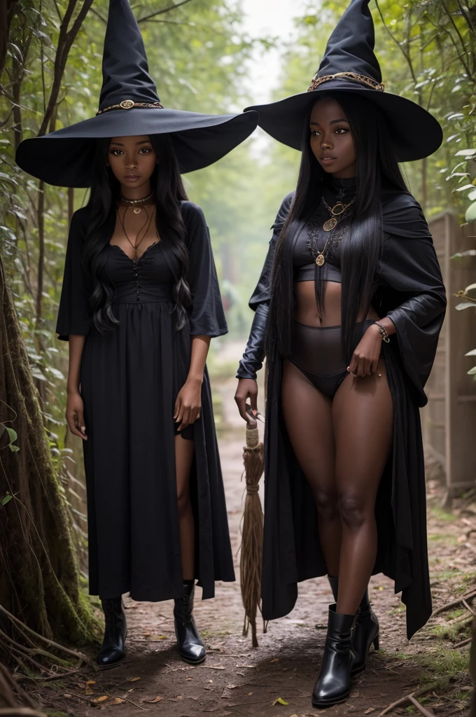 dark-skinned woman with long hair in a witch&#39;s hat in a long green dress and long-sleeved blouse on a forest background 