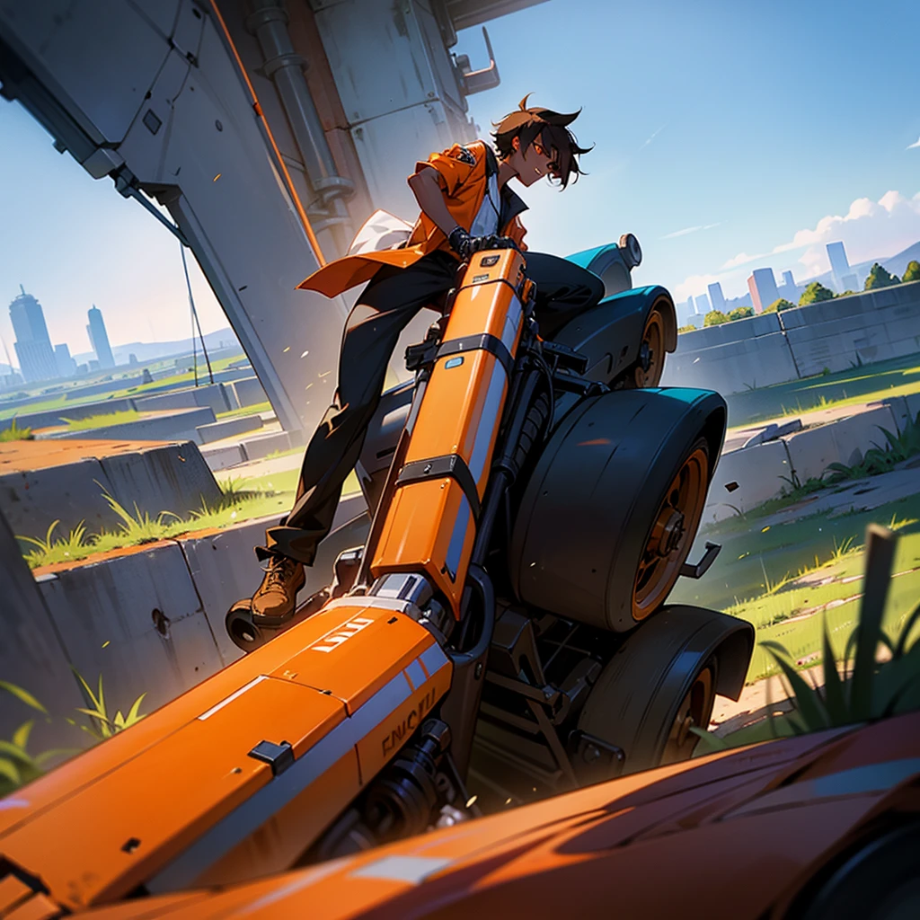 creates a 17 year old young man, dark skin color, orange eye color, dark hair color, mechanic clothing, landscape war, that reads a mechanical key in his hand