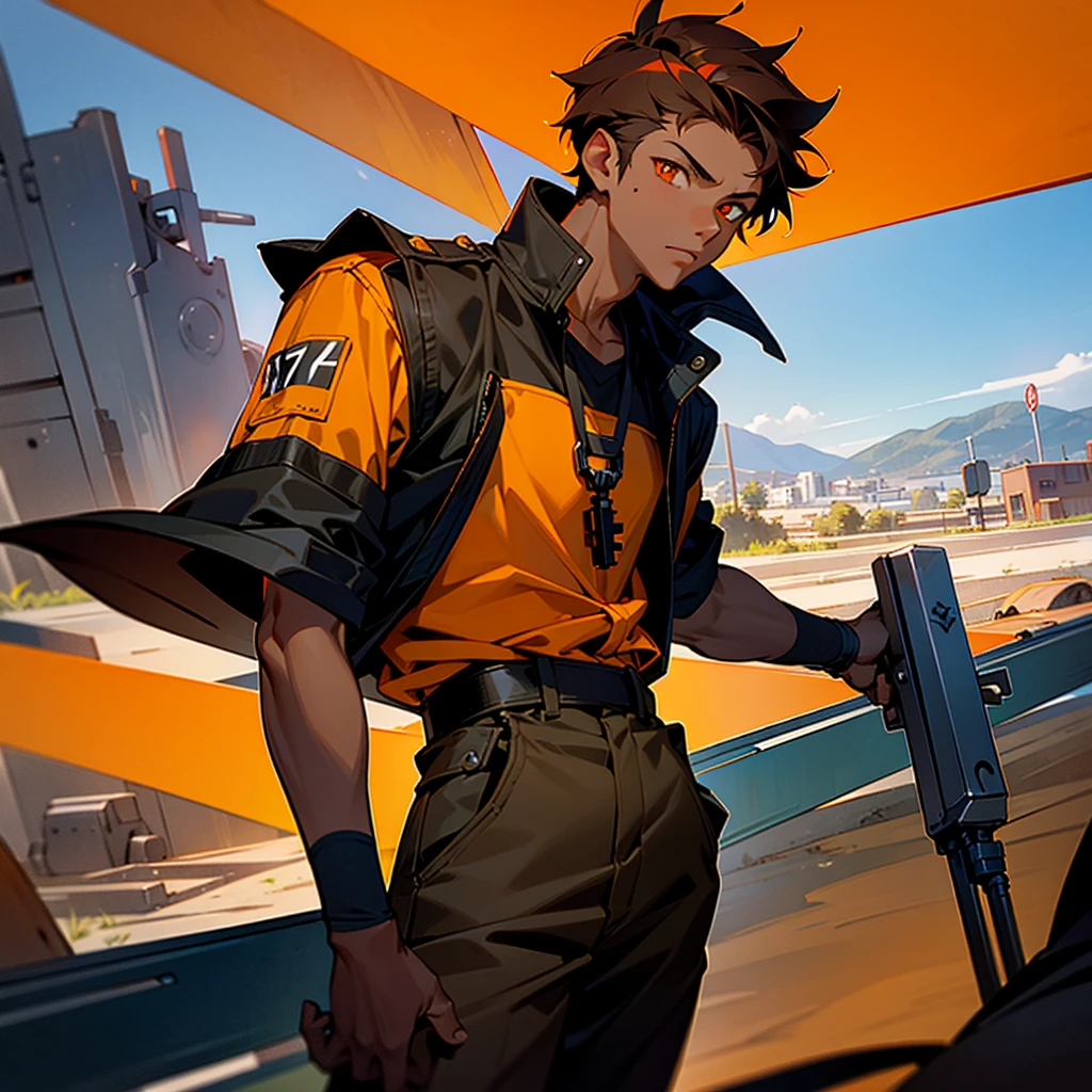creates a 17 year old young man,  dark skin color, orange eye color, dark hair color, mechanic clothing, landscape war, that reads a mechanical key in his hand