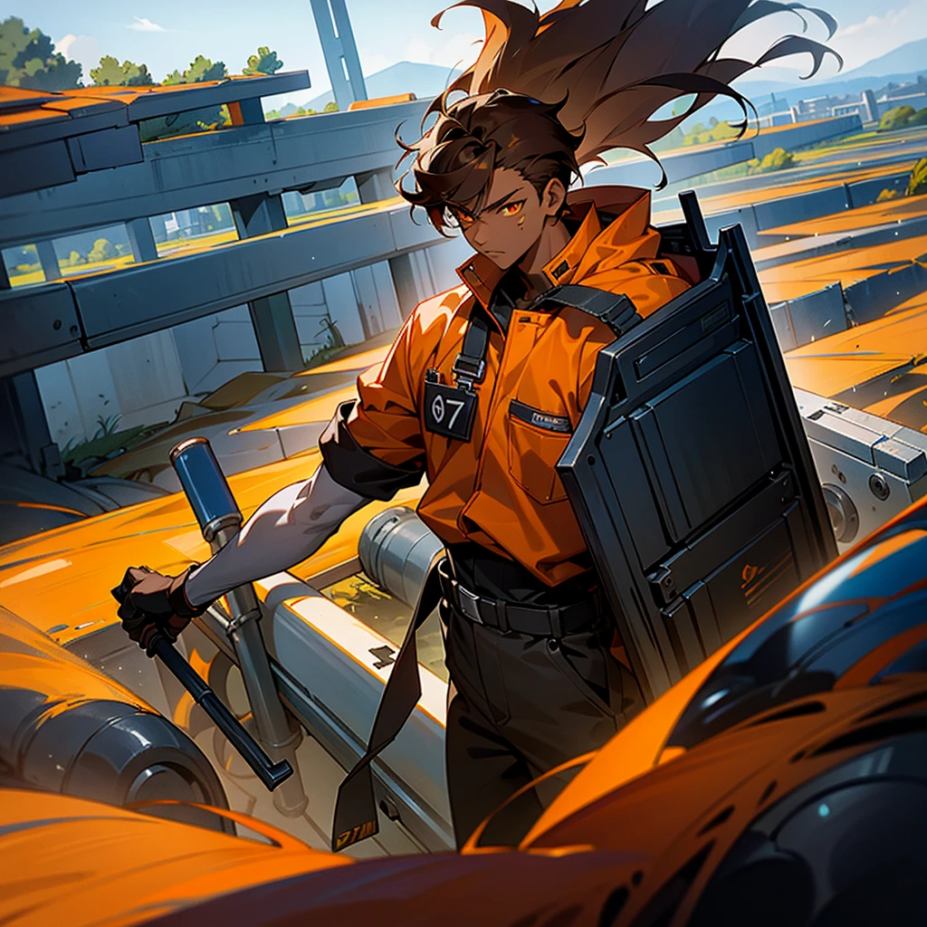 creates a 17 year old young man, dark skin color, orange eye color, dark hair color, mechanic clothing, landscape war, that reads a mechanical key in his hand