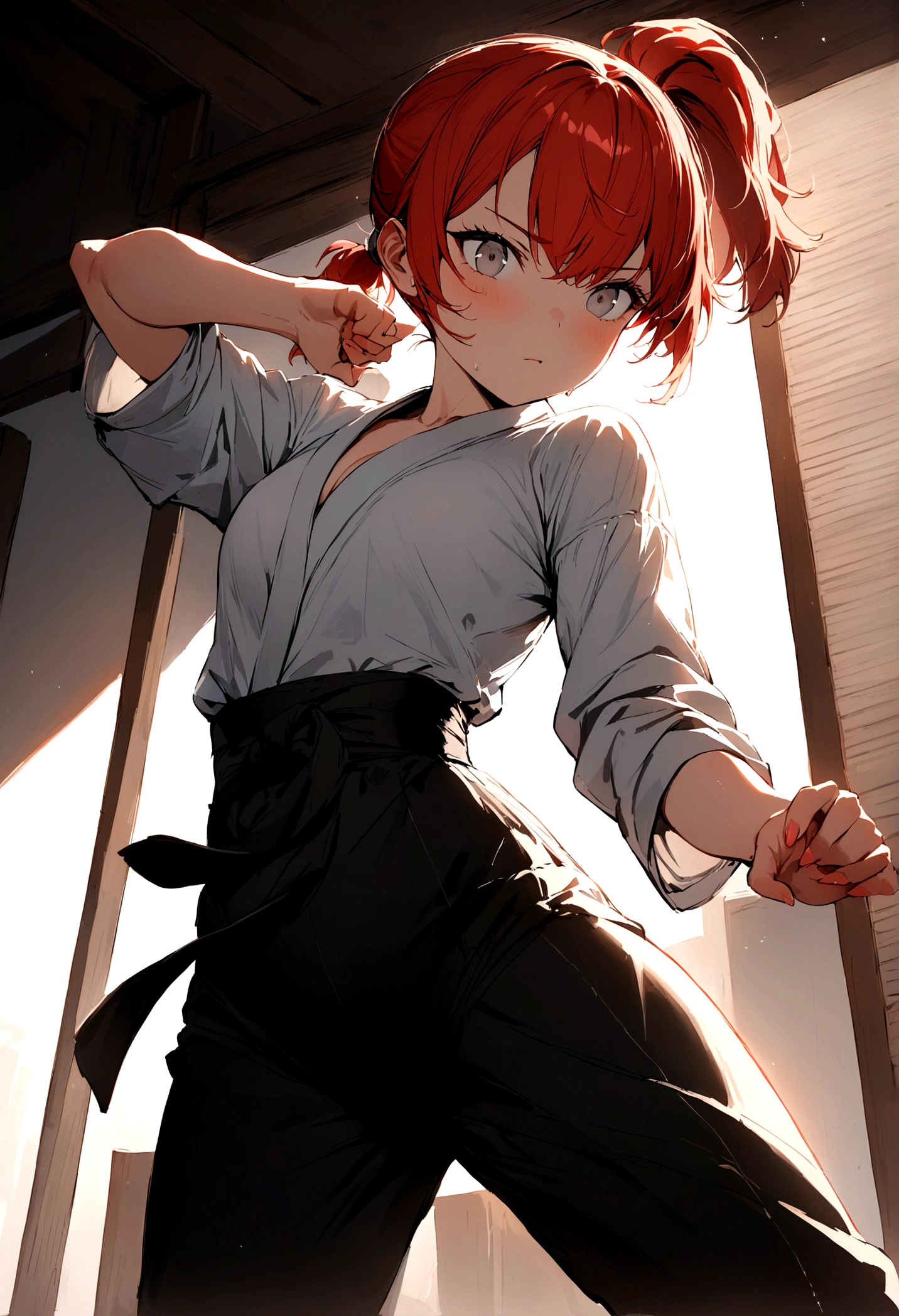 Young girl, short ponytail red hair, grey eyes, , martial arts, Masterpiece, hiquality
