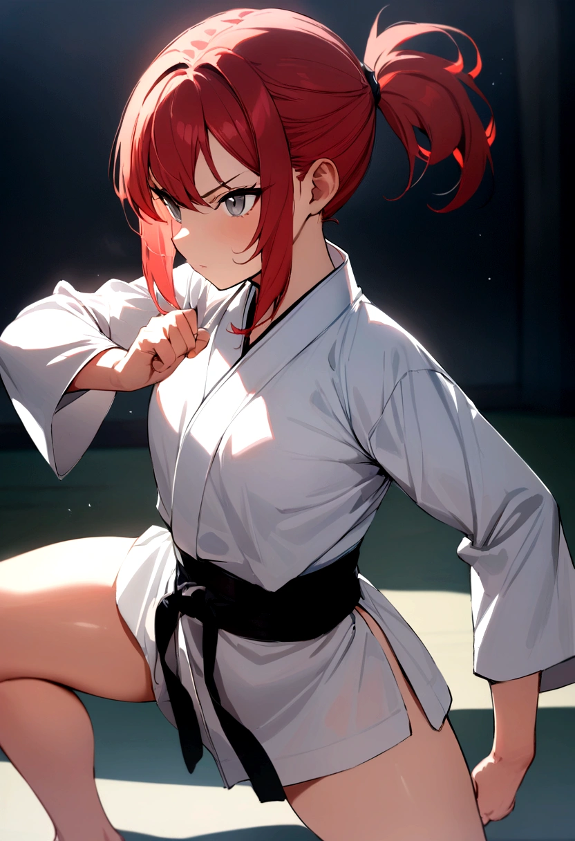 Young girl, short ponytail red hair, grey eyes, , martial arts, Masterpiece, hiquality