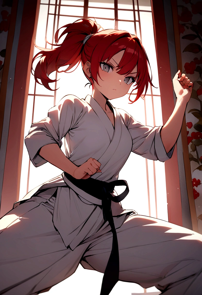 Young girl, short ponytail red hair, grey eyes, , martial arts, Masterpiece, hiquality