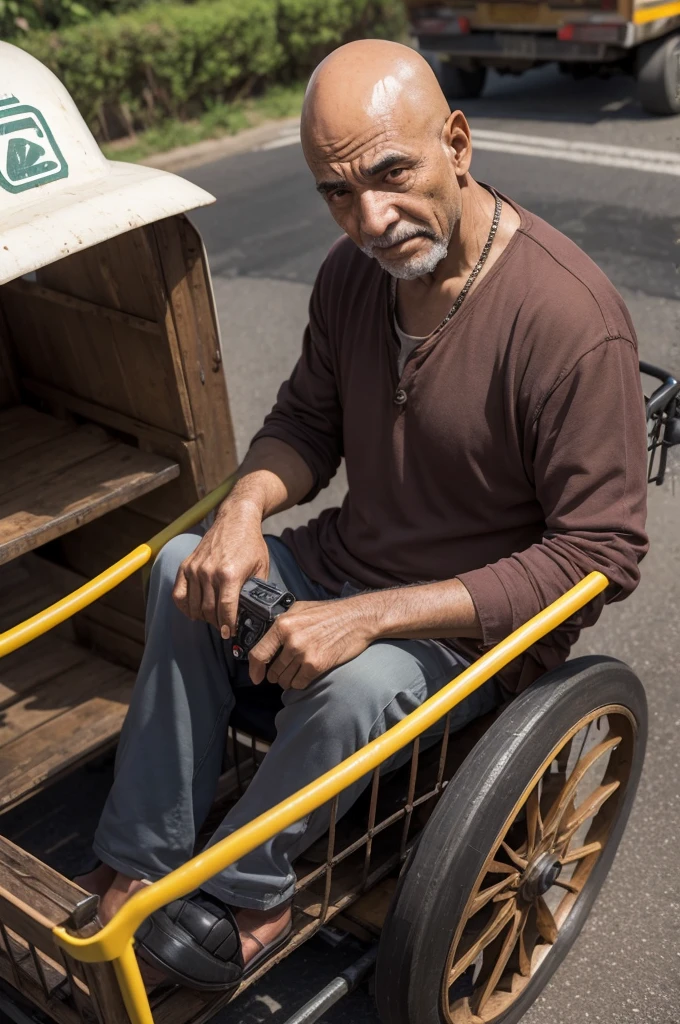 An old bald Brazilian man in a cart with a laser gun on the cart that has NO wheels
